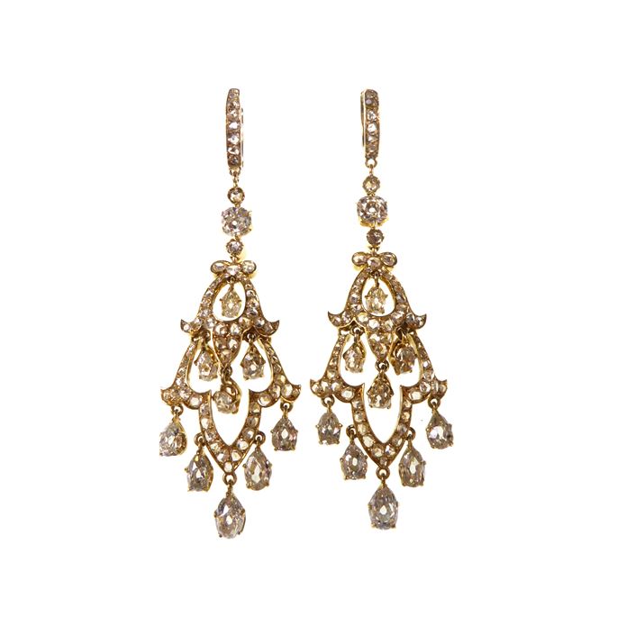 possibly by Baucheron  et Guillain - Pair of diamond and gold fringed chandlier pendant earrings | MasterArt